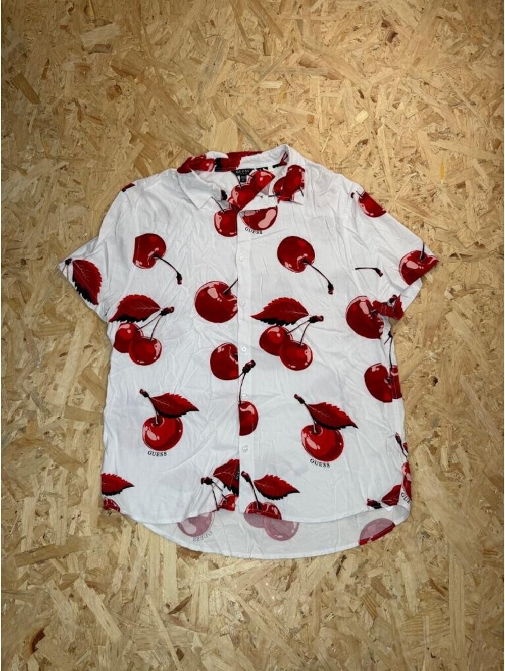 Guess Mens XL Cherry Print Button Up Shirt White Red Short Sleeve Casual